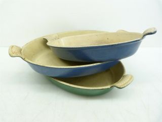 Le Creuset Set Of 3 Vintage Blue & Green Enameled Cast Iron Oval Baking Dishs