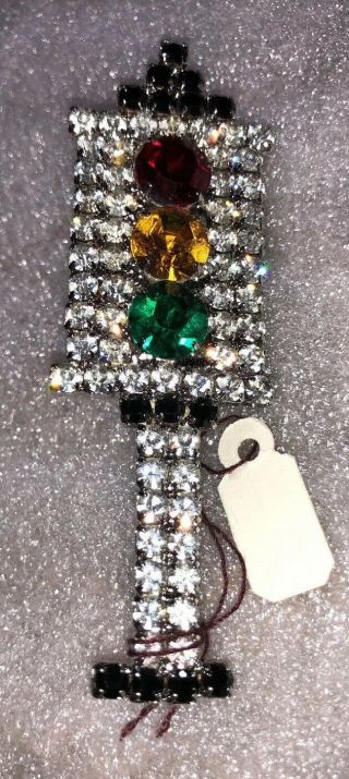 Vintage Rhinestone Brooch - Stoplight - 3 " Clear,  Red,  Yellow And Green Stones