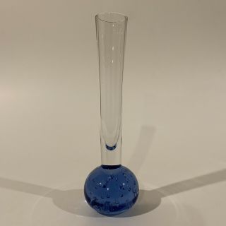 Vintage Blue Bubble Base/clear Glass Bud Vase 6”