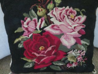 Oh My So Vintage Petite Point Needlepoint Pink Roses On Black Pillow