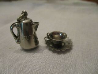 Vintage Sterling Silver Coffee Pot And Cup & Saucer Charms Signed Sterling