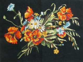 Vintage Completed Cotton Needlepoint Tapestry Wild Flowers On Black 20 " X14.  2 "