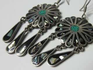 Vintage Mexican Taxco Sterling Silver Multi Stone Inlay Dangle Hook Earrings