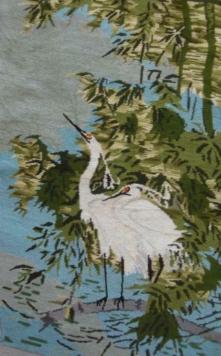 Vintage Completed Cotton Needlepoint 2 Birds Crane 25 " X15.  2 " Tapestry