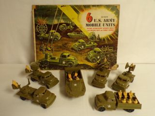 Vintage Set Of (6) 1950s Plastic Toy Us Army Mobile Units W/ Box Top