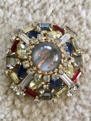 Vintage Juliana Style Art Glass Rhinestone Brooch Pin Blue Red Yellow Clear