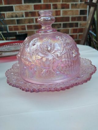 Vintage Imperial Iridescent Rose Carnival Glass Covered Cheese Or Butter Dish