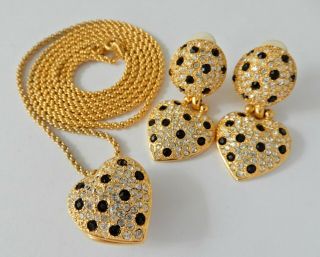 Vintage Joan Rivers Crystal Rhinestone Heart Locket Necklace & Clip On Earrings