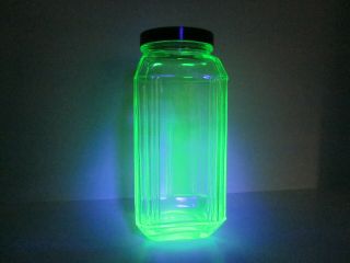 Vintage Uranium Green Depression Glass Jar Or Canister With Bakelite Lid