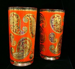 2 (pair) Vintage Culver Red & 22kt Gold Paisley 12 Oz Highball/tumbler Glasses