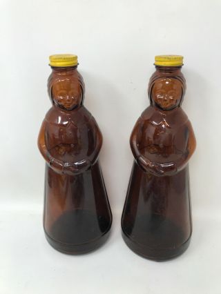 2 Vintage Mrs.  Butterworth Aunt Jemima Brown Glass Syrup Bottle With Metal Lids