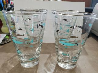 Vintage Libby Mid Cent Mod Atomic Fish Aqua & Silver Set Of Bar 4 Glasses 5 3/8 "