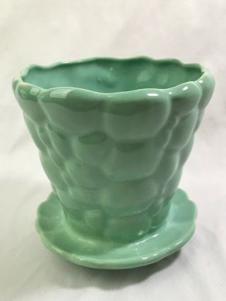 Vintage Green Mccoy Pebble Look Planter W/attached Saucer 5.  25 " H X 5.  5 " W