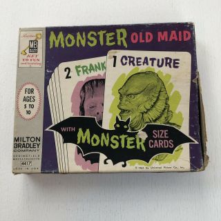 Vtg 1964 Monster Old Maid Cards & Box Milton Bradley Horror Incomplete