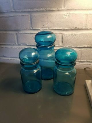 3 Vintage Aqua Blue Glass Apothecary Jars Bubble Top W/seal Belgium 5 " & 6.  5 "