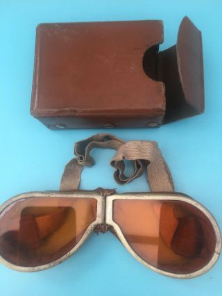 Vintage Ww2 British Military Anti Glare Goggles Amber Safety Lenses And Case