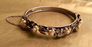 Vintage Silver Hinged Bangle Bracelet Pearls Rhinestones