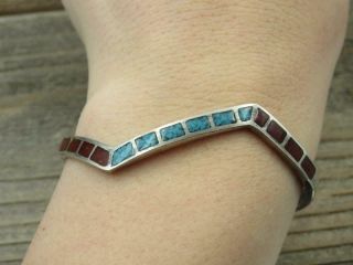 Vtg Old Pawn Navajo Sterling Silver Turquoise Coral Inlay Zig Zag Cuff Bracelet