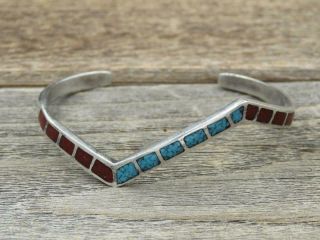 Vtg Old Pawn Navajo Sterling Silver Turquoise Coral Inlay Zig Zag Cuff Bracelet 2