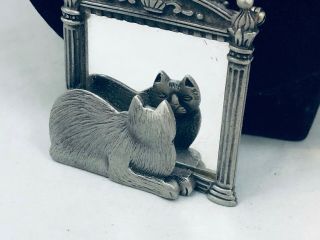 Vtg.  Jj Jonette Pewter Glass Kitty Cat In Mirror Brooch