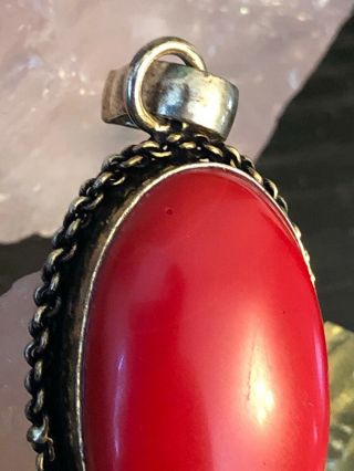 vintage Native American Red Coral Sterling Silver Pendant 10 G 2