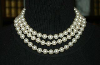 ELEGANT VINTAGE TRIPLE STRAND HAND KNOTTED FAUX GLASS PEARLS STATEMENT NECKLACE 7