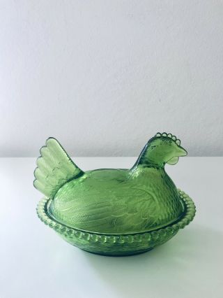 Vintage Indiana Glass Hen On Nest Candy Dish With Lid Green 5 " H
