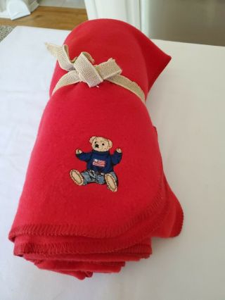 Vintage Polo Ralph Lauren Polo Bear Fleece Throw Blanket Made In Usa 50x68 Red