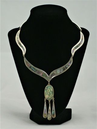 15 " Vintage " Alpaca " Mexican Abalone Inlay Silver Alloy Necklace A - 592