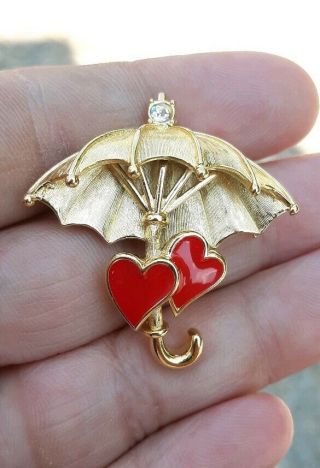 Vintage Crown Trifari Umbrella Brooch Gold Tone With 2 Red Enamel Hearts