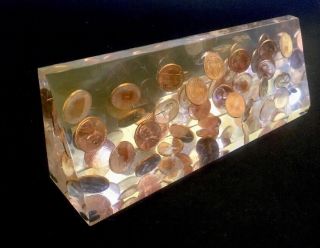 Vintage Lucite Paperweight With 1955 Pennies Suspended In Acrylic