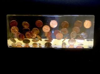 Vintage Lucite Paperweight with 1955 Pennies Suspended In Acrylic 2