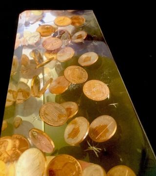 Vintage Lucite Paperweight with 1955 Pennies Suspended In Acrylic 5