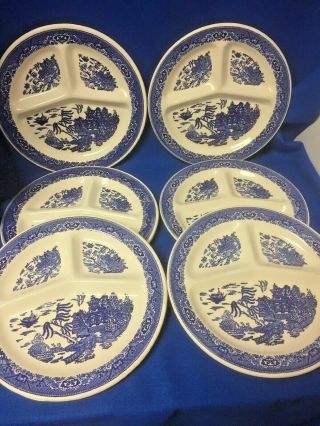 Set Of 6 Vintage Blue Willow Ware Divided Dinner Plates By Royal China 11 1/4 "