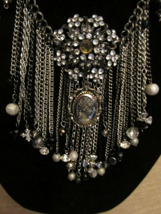 Vintage Cameo & Rhinestone Medallion Statement Necklace - A Repurposed 2