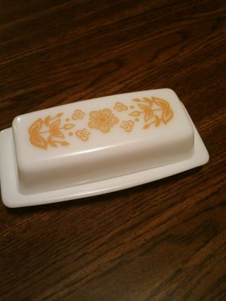 Vintage Pyrex Butter Dish Butterfly Gold Pattern White Milk Glass Cond