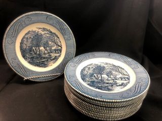 Vintage Currier & Ives By Royal " Old Grist Mill " Blue Dinner Plates Set Of 10 E