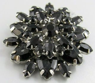 High End Vintage Jewelry Stacked Jet Black Flower Brooch Pin Rhinestone O