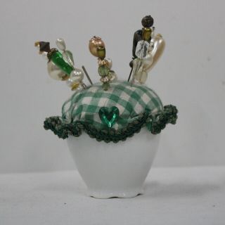 Vintage Ceramic Tea Cup Pincushion With Bead Decorated Pins Crafts Sewing 454