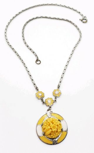 Vintage Art Deco Rhodium Sun Shine Yellow Floral Glass & Enamel Chain Necklace