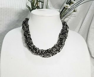 Vintage Black And Clear Crystal Seed Bead Multi Strand Twisted Choker Necklace