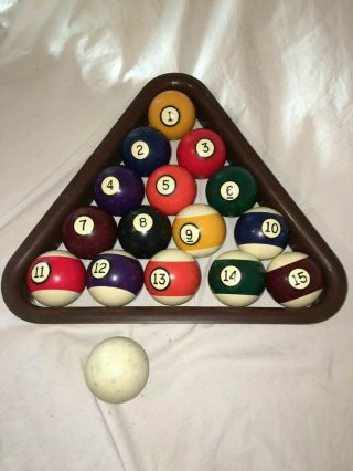 Vintage Pool Billiard Balls And Triangle All 16 Balls Played
