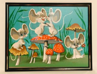 Vintage Paint - By - Number Mice With Mushrooms Completed Picture Framed