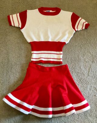 Vintage 1981 Cheer Leading Uniform Red White Skirt Top Sweater Dehen Official S