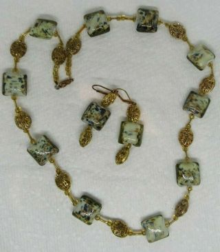 Vintage Venetian Murano Millefiori Art Glass Bead Necklace Set Earring 35.  32