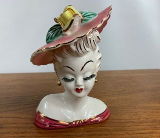 Vintage 1950’s Lefton Lady Head Vase - Applied Flower And Eyelashes