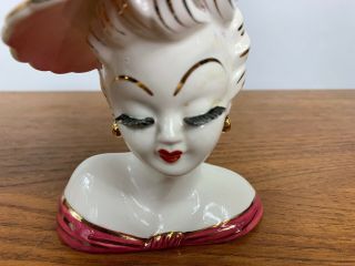 Vintage 1950’s Lefton Lady Head Vase - Applied Flower And Eyelashes 2