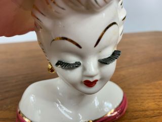 Vintage 1950’s Lefton Lady Head Vase - Applied Flower And Eyelashes 3