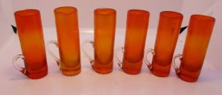 6 Red Orange Crackle Glass Shot Glasses With Handles Pilgrim ? Vintage