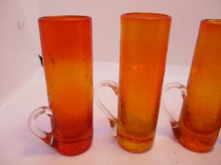 6 Red Orange Crackle Glass Shot Glasses With Handles Pilgrim ? Vintage 2